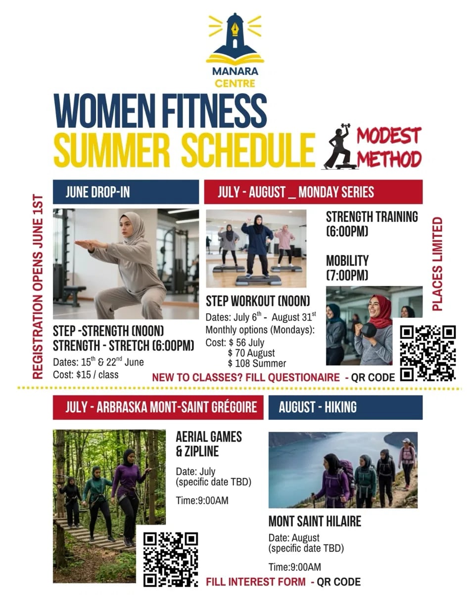 Poster — Women Fitness Summer Schedule, Modest Method. June drop-in (15 & 22), July-August Monday series (Strength Training 6 PM, Mobility 7 PM), July Arbraska Mont-Saint Grégoire outing, August Mont Saint-Hilaire hiking.